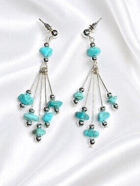 REIMAGINED Blue Howlite Chandelier Dangle Post Earrings Silver Tone 2.5”
